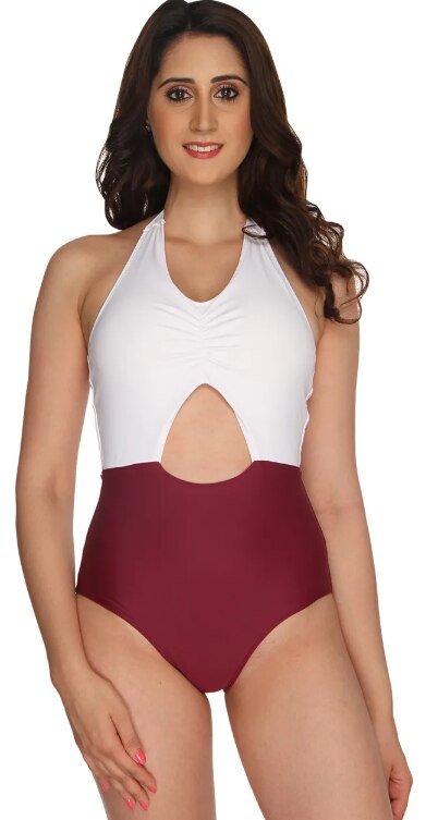 WINE AND WHITE CENTRE CUT OUT SWIMSUIT (M)